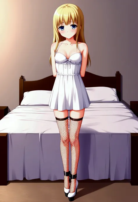 Young woman, bondage, anime, short dress with a neckline, high wedge heels, fishnet stockings, in a bedroom, 