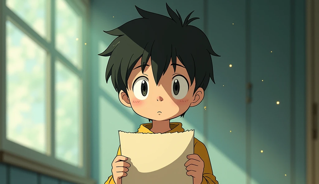 a sad boy holding a paper studio ghibli art style,studio ghibli art style,studio ghibli art style,studio ghibli art style