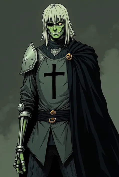 Create an illustration in the exact art style of Bleach: Thousand-Year Blood War, depicting a zombie knight named Mr. Fear. Mr. Fear has green skin, with only a left eye that is black. He has a hole on the left side of his cheek, and his white, messy hair ...