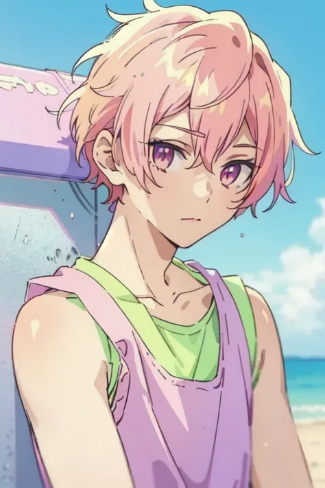 masterpiece, best quality, , 1boy, solo, male focus, looking at viewer, innocent eyes, upper body, depth of field, pastel pink hair, pastel pink eyes, tank top,