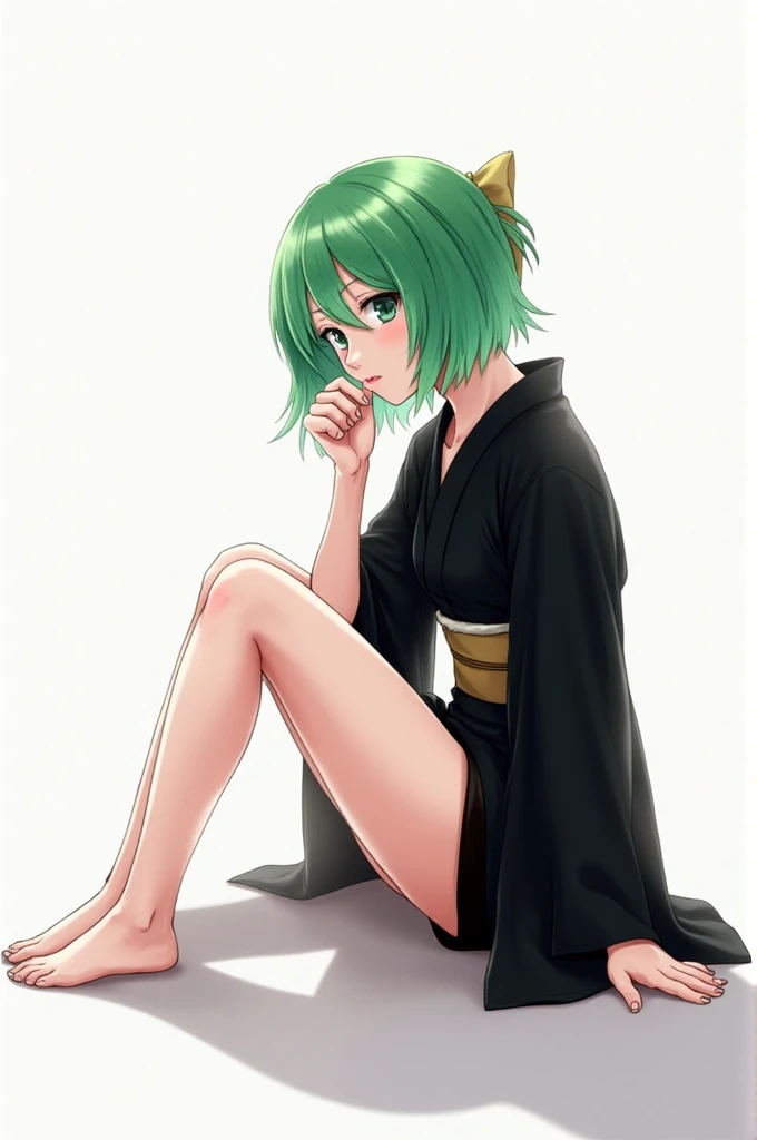 (work of art, best qualityer:1.2), standing alone, 1 girl, tatsumaki, not funny, cloused mouth, looking a viewer, hand on our face, sitting down, Short black kimono ,muslos grandes,crossing the leg, hair green, NSFW