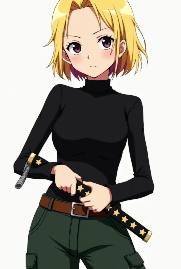 A female character from One Piece with short, blonde Razberry Ice-style hair, eyes a little tired and black, blonde eyelashes, half serious and calm look, black long-sleeved blouse and dark green cargo pants. Wearing a katana in his hands with star decorat...