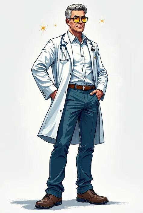 a full body doctor with the camera view from the floor up , with sparkles in the manga style glasses 