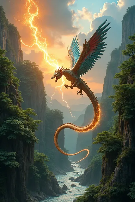 "A charming diorama depicting a fierce battle between the Besukih dragon and the giant Garuda bird with a surreal effect, featuring a two-sided, multi-layered view from the tropical forest cliffs to Mount Huashan. The dragon has silvery orange, slightly gr...