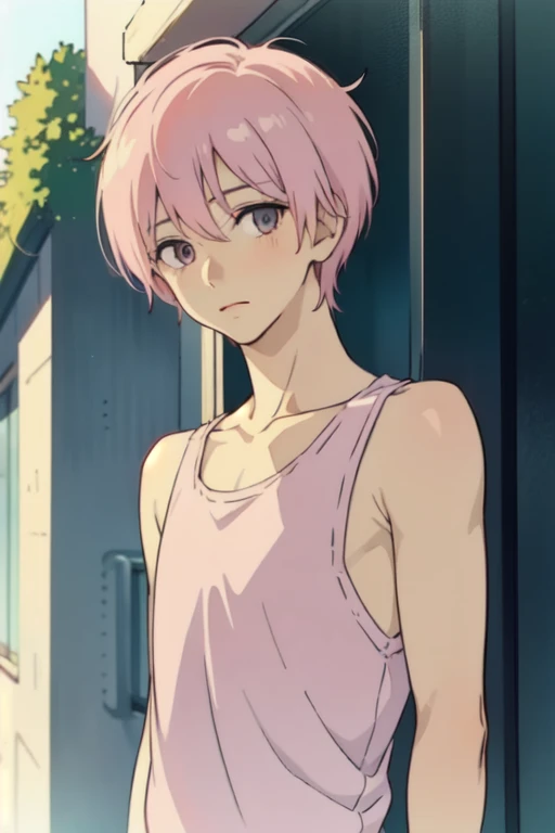 masterpiece, best quality, , 1boy, solo, male focus, looking at viewer, upper body, depth of field, pastel pink hair, pastel pink innocent eyes, tank top, manwha style, anime style 