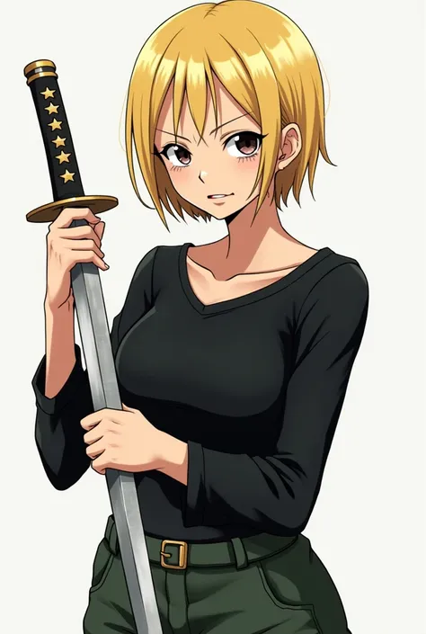 A female character from One Piece with short, blonde Razberry Ice-style hair, eyes a little tired and black, blonde eyelashes, half serious and calm look, black long-sleeved blouse and dark green cargo pants. Wearing a katana in his hands with star decorat...