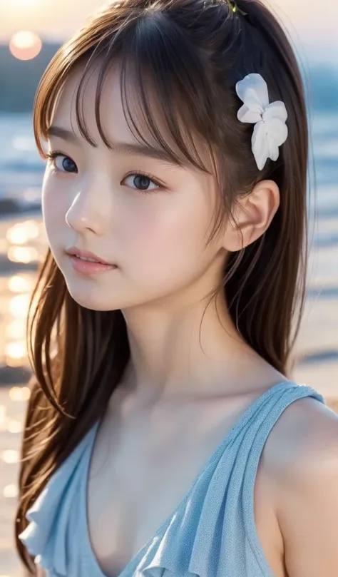 masterpiece, 8k, adorable, very pretty, adolescent, seaside,  japanese girl, (portrait, close-up:1.2), exposed forehead, scrunch...