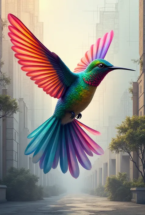 very realistic and colorful hummingbird bursting into colors previously colorless image with scribbled landscape like an architectural plan 
