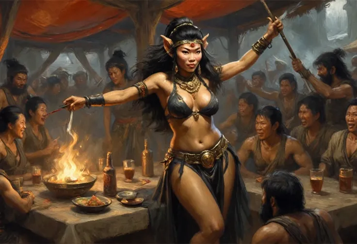 (Black Myth Wukong) A sexy belly dancer (asian woman, large breasts, large butt, sheer dress made of several veils, beetled bra, hourglass figure, laughing face of Black Myth Wukong, dark hairy powerful ape arms) is making a surprised face and shoving a sp...