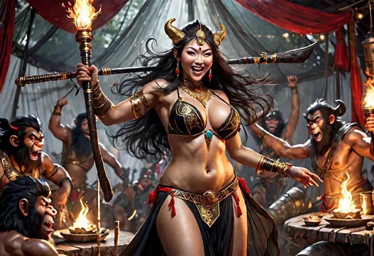 (Black Myth Wukong) A sexy belly dancer (asian woman, large breasts, large butt, sheer dress made of several veils, beetled bra, hourglass figure, laughing face of Black Myth Wukong, dark hairy powerful ape arms) is making a surprised face and shoving a sp...