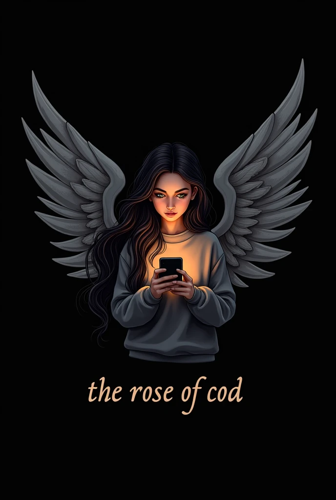 Can you create a logo for me where there is a girl with long black hair, brown eyes and a sweatshirt that has big, long angel wings and headphones playing with her cell phone and below it has the letters  " THE ROSE OF COD" with black background