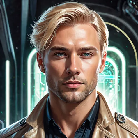 Semi realistic illustration portrait of handsome blond man, Without beard, thick complexion, Futuristic private detective and science fiction. 