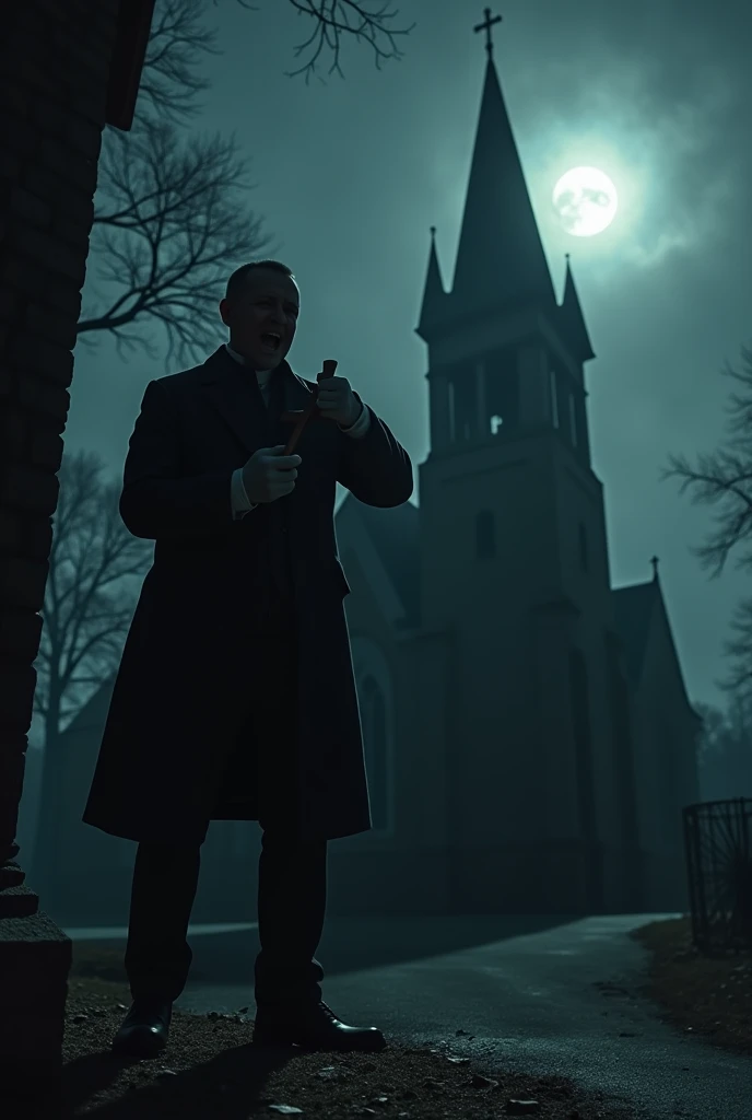 Scared 1 man clutching a cross outside a church at night in 19th century clothing