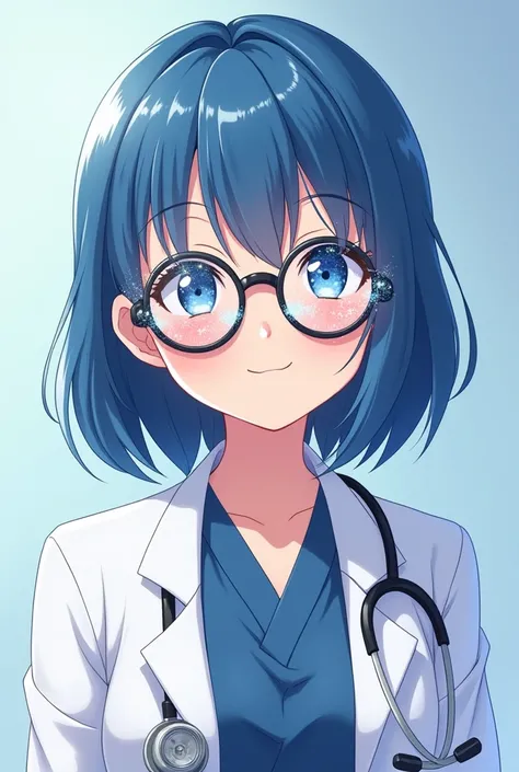 a full body doctor with the camera view from the ground up , with sparkles on the Japanese cartoon style glasses  , with medium and straight blue hair