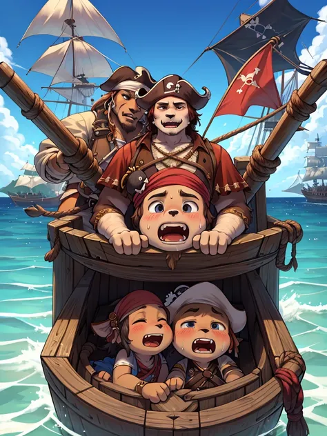 (Pirates of the Caribbeancom) , The cannonballs flying over the boat, the splashing of water, the rough voices of the pirates yelling at each other , moist thin eyes , glossy lips , Swollen cheeks , heart is beating fast , The Captain and the Skeletons