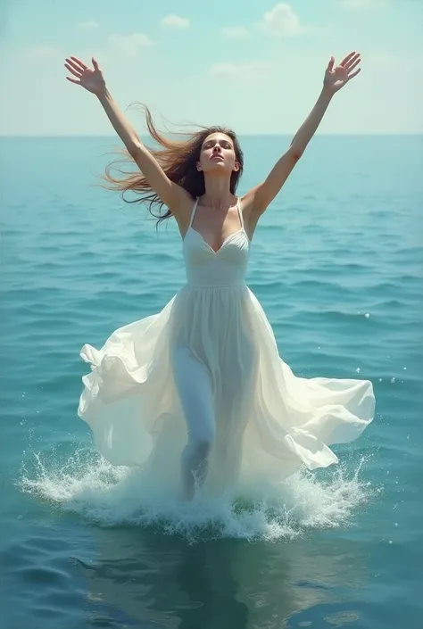 woman in a white dress standing in the ocean with her arms outstretched, by Darek Zabrocki, by Alexey Venetsianov, by Dimitre Manassiev Mehandjiysky, by Alexey Merinov, by Andrei Riabovichev, emerging from the ocean, arms outstretched, arms outstretched