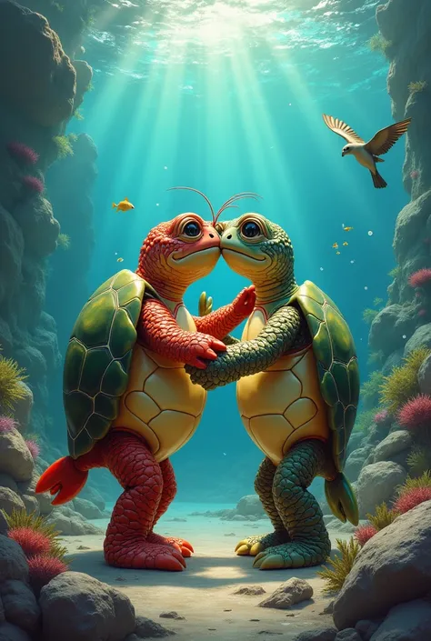 Turtles and lobsters are really in love with each other.  Rocky and watery background