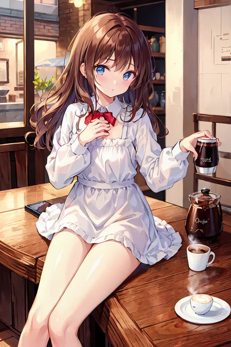 there is nothing、masterpiece、Chizuru Ichinose、Brown Hair、I、For women、background((Night coffee shop、Counter seats、coffee maker))、table(menu、Coffee cup Coffee cup、Sugar Bottle、milk),tableトップ、、Colorful underwear patterns、细致background、Detailed eyes、（（Brown eye...