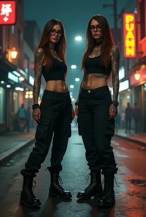 Short 4’11, fat, 2 woman with black glasses, long brown hair, covered in tattoos, wearing black cargo pants, a black tank top and combat boots, on a city street at night, realistic style