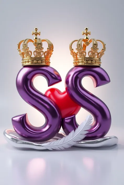 A 3d render of the two letters "S" and "S" in a purple and gold metallic font with golden British crowns above both letters and a white feather , with a light shine behind the word, and a silver swirl underneath. A red heart between both letters, The backg...