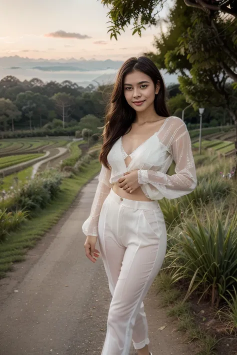 in 80' era, young sweet beautiful bogor city girl standing cheerful on wide rice  field near bogor, descent mixed from sundanese...