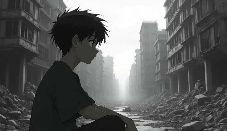 grayscale, boy, anime, 90s, looking far, destroyed city