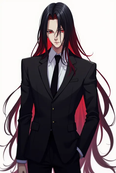 A man in a suit, long hair covering his ears, black hair fading to red, red eyes, white background.,Drawing anime , man ,cool