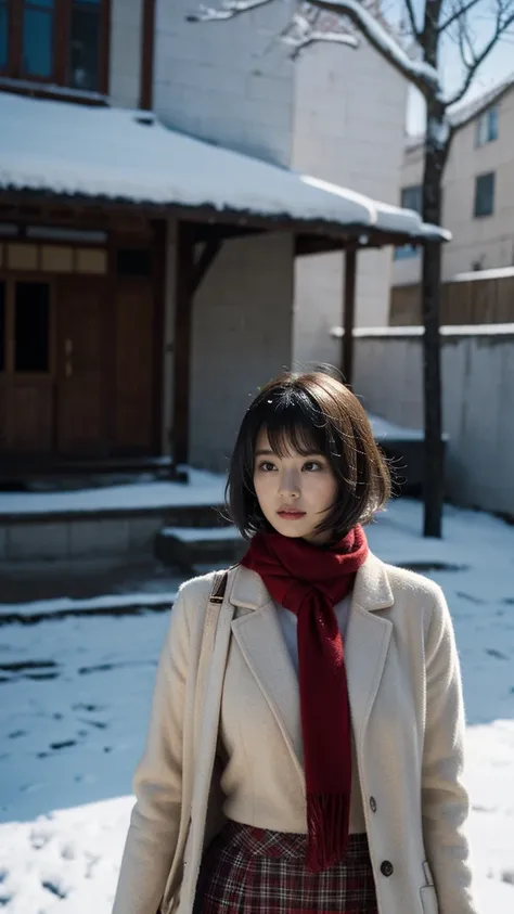 high quality, masterpiece, Ultra-high resolution, (Realistic:1.4), Raw photo, 1, Japanese，Black Hair、Moody tones, Windに揺れる髪、Beautiful woman，1、Place one hand in front of their chest、whole bodyショット、flare skirt、cold、winter，Snow Scene，Snowfall，White coat，a red...