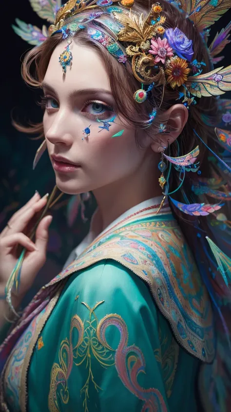 Very psychedelic portrait of a healer, Surreal, lsd, face, detailed, Complex, elegant, Agile, highly detailed, Digital Painting, Art Station, Concept Art, Smooth, Sharp focus, figure