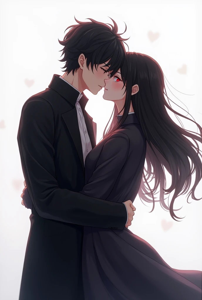 Black haired anime boy with black coat kissing a red eyed girl with black hair and cat eyes white background 