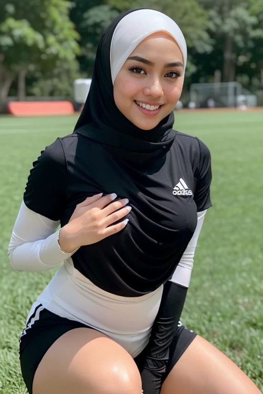 RAW, Best quality, high resolution, Masterpiece: 1.3), Beautiful malay woman in adidas sports outfit wearing shawl style hijab, non naked, wearing jersey outfit, female, flawless face, cute face, pretty malay face, beautiful white teeth, Masterpiece, Perfe...