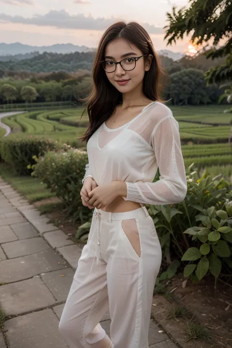 in 80' era, young sweet beautiful bogor city girl standing cheerful on wide rice  field near bogor, descent mixed from sundanese...