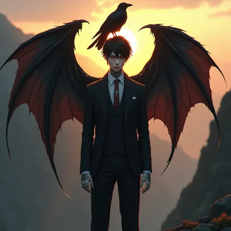 Angel asian male 30 years old, pale skin, luminescent red eyes, black hair, big and black bat wings, wearing black suit, with piercings and old tattooed symbols, holding a crow on top of mountain in sunrise., messy hair, Hyperrealism, god rays, glowing lig...