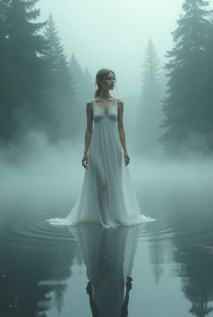 There is a woman standing in the water in a white dress., Standing in a lake, unnerving mist, ethereal beauty, mysterious woman, Beautiful and mysterious, emerging from the mist, nymph in the water, Woman in a dark forest, , mist, naked against the storm, ...