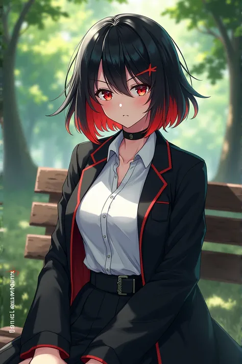 My Hero Academia screenshot Girl half demon and half angel, black hair with red tips straight and short, He has a slightly serious expression, She is wearing a white shirt with a black jacket and in the background she is sitting in a park 