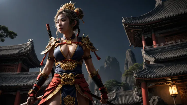 An ancient Chinese temple ruin, inspired by the game Black Myth Wukong, (low angle view), at dark night. (1girl, solo, alone), female Sun Wukong cosplayer, medium-breast slim:0.6 body, oval:0.5 monkey face, cleavage:1.1, Wukongs costume and outfits, (sligh...