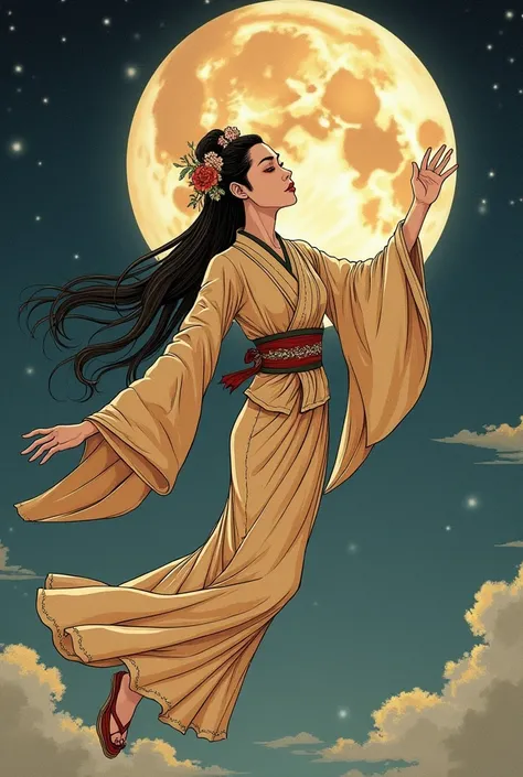 ((best quality)), moon goddess chang&#39;e and a moon behind and ancient Japanese style and flying as if she wanted to reach the moon, One of her hands is raised towards the moon, It must look old, the sleeves of his suit are long , the moon is very far aw...