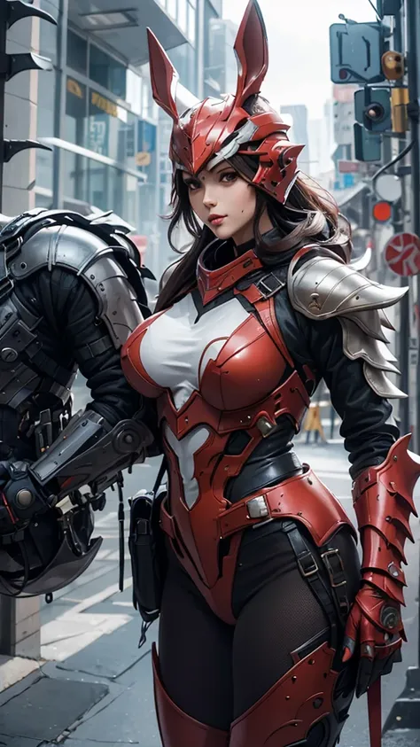 1girl,perfect body, big breast, wearing a tights red armor, futuristic punk armor, wearing a futuristic helmets, helmet have ear...