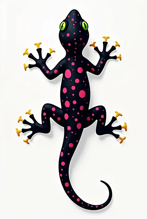 A company logo that is a black tropical gecko with some pink and yellow spots on its skin and green eyes for use on corporate uniforms. It must be seen from a superior perspective as if it were walking on the ground with all four legs facing away from the ...