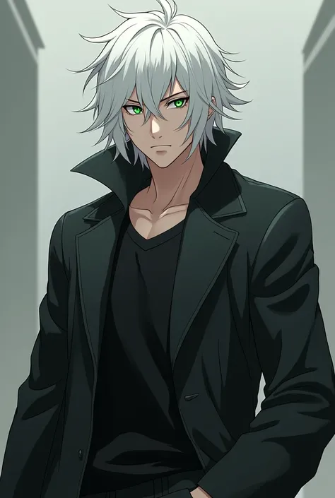 Create an anime style character, white-skinned, messy white hair, greeneyes, serious and confident face, With a robust body, with a black spy-style overcoat, looking straight ahead 