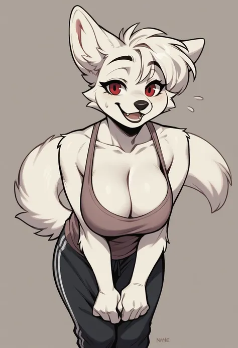 ((masterpiece, best quality)), (anthro furry:1.3, snout:1.2, anthro:1.3, furry:1.2, closeup:1.2, solo female:1.2, cleavage, leaning forward, smile, red), no top, sweatpants, large breasts