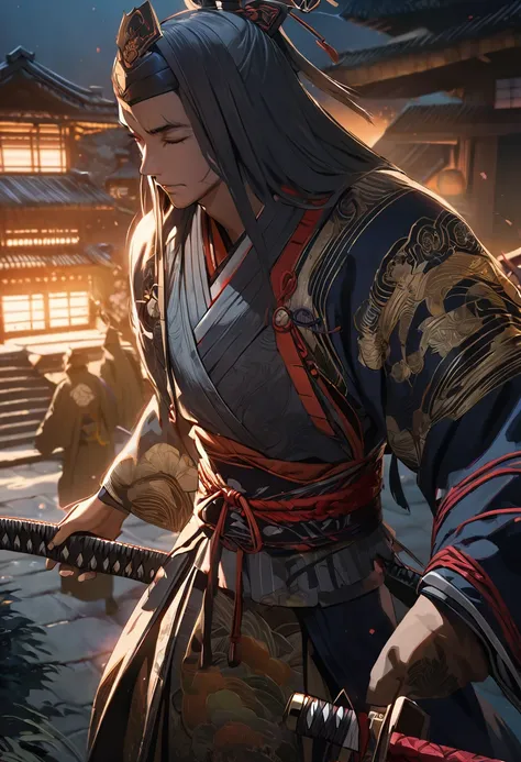 a melancholy japanese ronin wandering at night, (1 man, solo, dramatic pose, detailed face, eyes closed, detailed clothing, katana, , feudal japan, moonlight, moody lighting, vibrant colors, highly detailed, cinematic, masterpiece:1.2),(intricate, ornate, ...