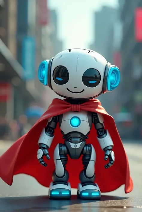 Robot with a white smiling face, blue ears and a red superhero cape
