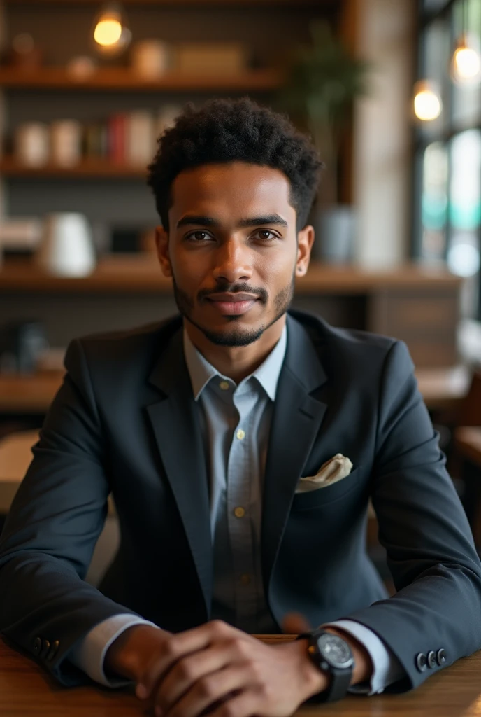 Somali boy age 20 years old wearing suit sitting in the coffee shop seening the camera 