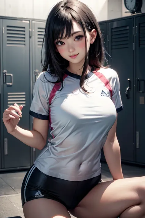 very cute and beautiful girl,(highly detailed beautiful face and eyes),(smile:1.2),happy,blush,looking at viewer,
navyblue buruma,white training shirt,short sleeve,
elegant pose,detailed legs,locker room in training gym,black hair,
(best quality,masterpiec...