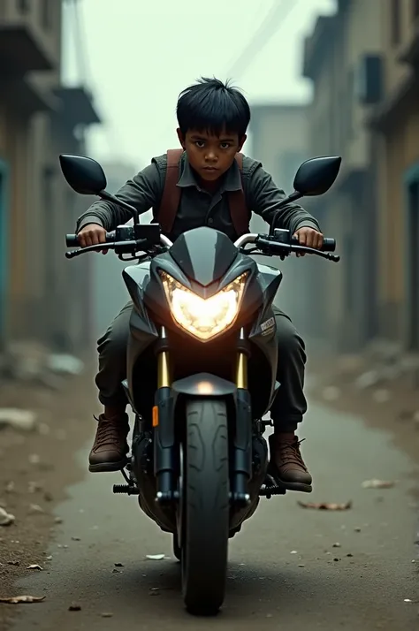 A dark-skinned boy with straight hair on a Yamaha fz 3.0
