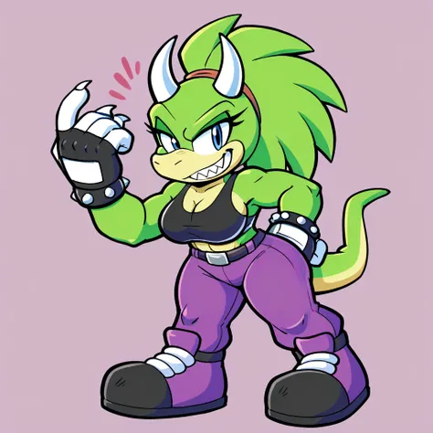 a stylized anthropomorphic lizard or dinosaur character named "Payton." The character is standing confidently with one hand on her hip and a fierce expression. She has a muscular build and is dressed in a purple outfit resembling a sports bra and shorts, a...