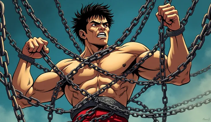 Man chained with many chains in manga style painting, Anime 90s