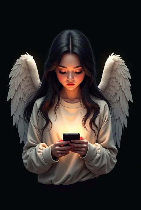 Can you create a logo for me where there is a girl with long black hair, brown eyes and a sweatshirt that has big, long angel wings and headphones playing with her cell phone and below it has the letters  " THE ROSE OF COD" in Spanish that the letters stan...