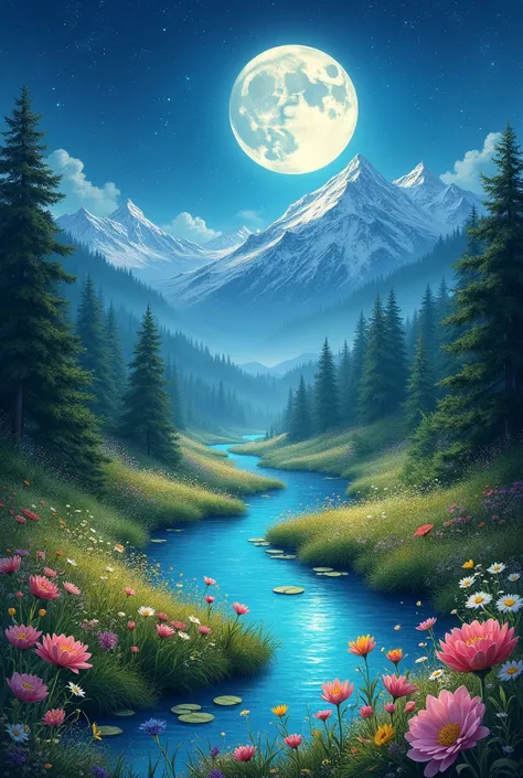 A land full of flowers, sparkling river water, also the full moon and the stars in the sky inhabited by many little fairies are gathering 